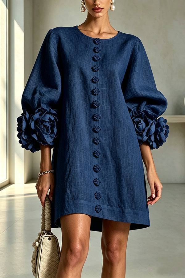 Rima Linen Blend Flowers Button Down Floral Cuffs Half Sleeve Mini Dress-Consonak