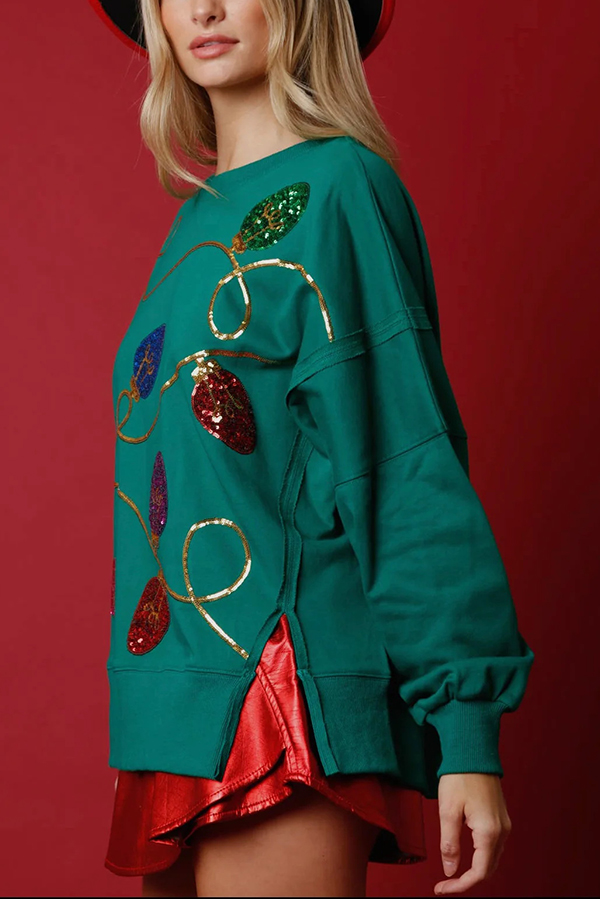 Christmas Lights Sequin Slit Pullover Sweatshirt | Consonak