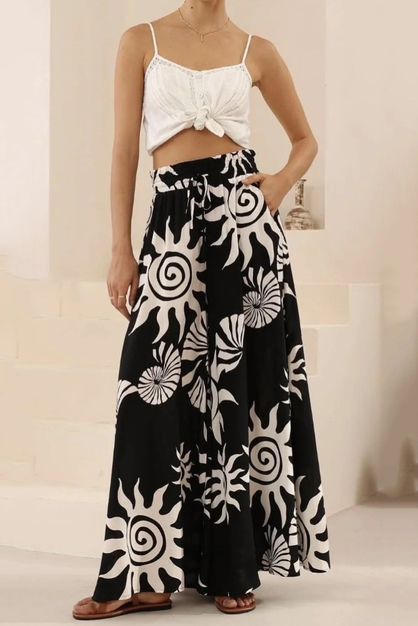 Sun and Conch Print Casual Elastic Waist Drawstring Pocket Wide-leg Pants