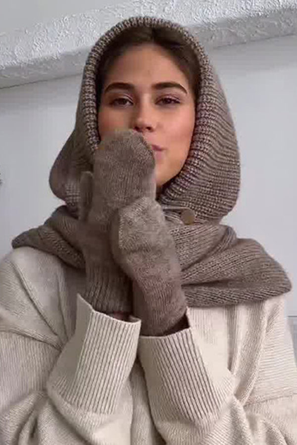 Solid Color Knitted Hooded Scarf and Thick Warm Gloves Two-piece Set-consonak