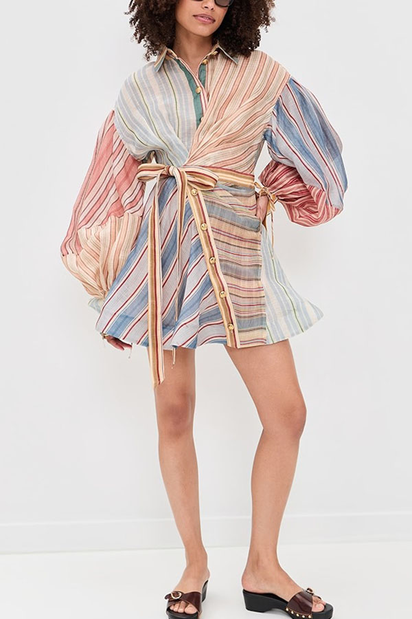 Salie Linen Blend Color-block Stripes Twisted Wrap Long Balloon Sleeve Shirt Mini Dress