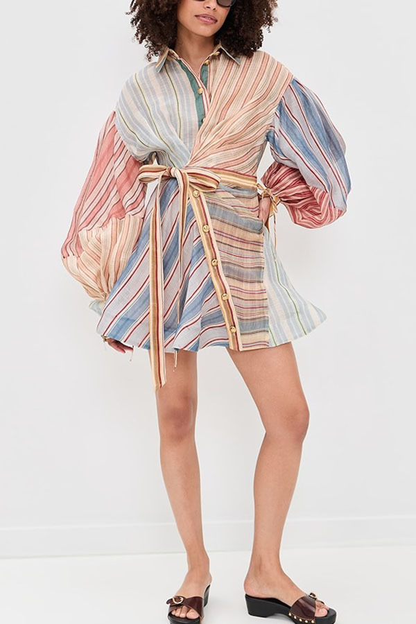Salie Linen Blend Color-block Stripes Twisted Wrap Long Balloon Sleeve Shirt Mini Dress
