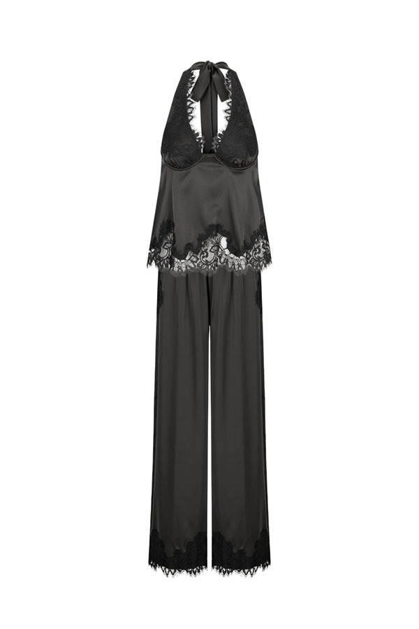 Elegant Morning Satin Lace Trim Halter Tie-up Tank and Elastic Waist Loose Pants Set-consonak