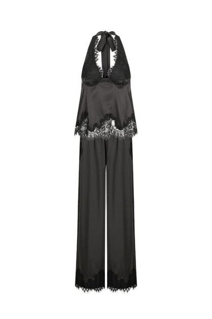 Elegant Morning Satin Lace Trim Halter Tie-up Tank and Elastic Waist Loose Pants Set-consonak