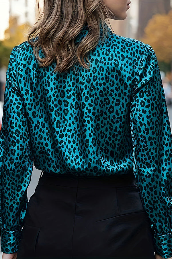 Leopard Print Satin Long-sleeved Casual Shirt-consonak