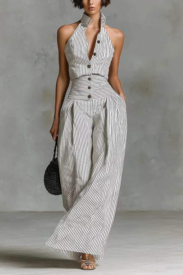 Striped Halter Neck Jumpsuit-Consonak