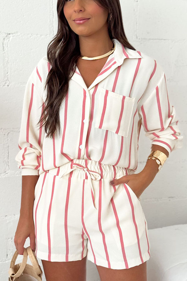Leisure Time Striped Print Button Long Sleeve Shirt and Elastic Waist Pocket Loose Shorts Set-consonak