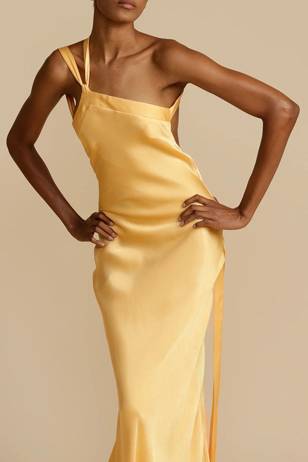 Moonlit Soiree Satin Asymmetrical One Shoulder Backless Strap Maxi Dress | Consonak