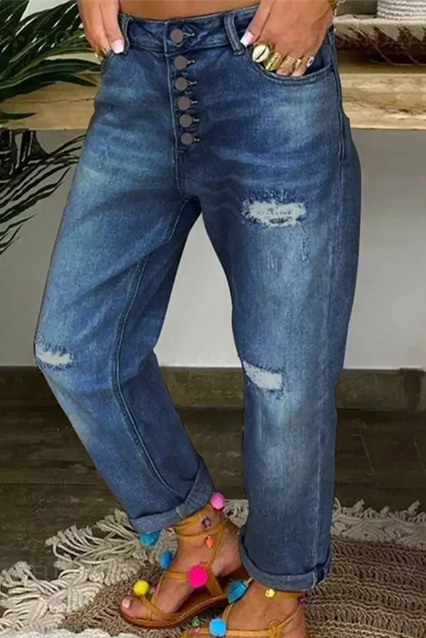 Stylish Ripped Low-rise Button Pocket Baggy Straight-leg Jeans-consonak