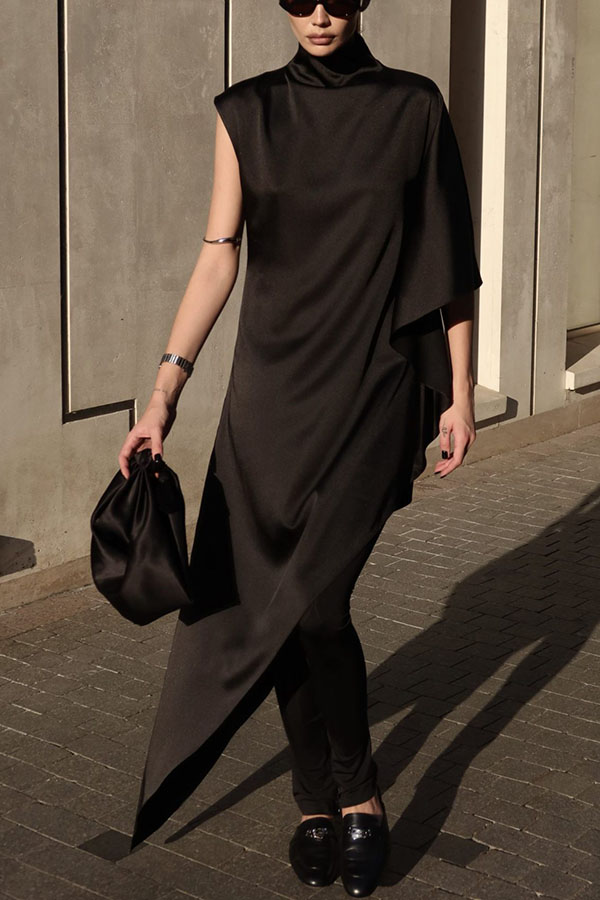 Kallena Satin High Neck Irregular Sleeves Midi Top and High Rise Pocket Loose Pants Set-consonak