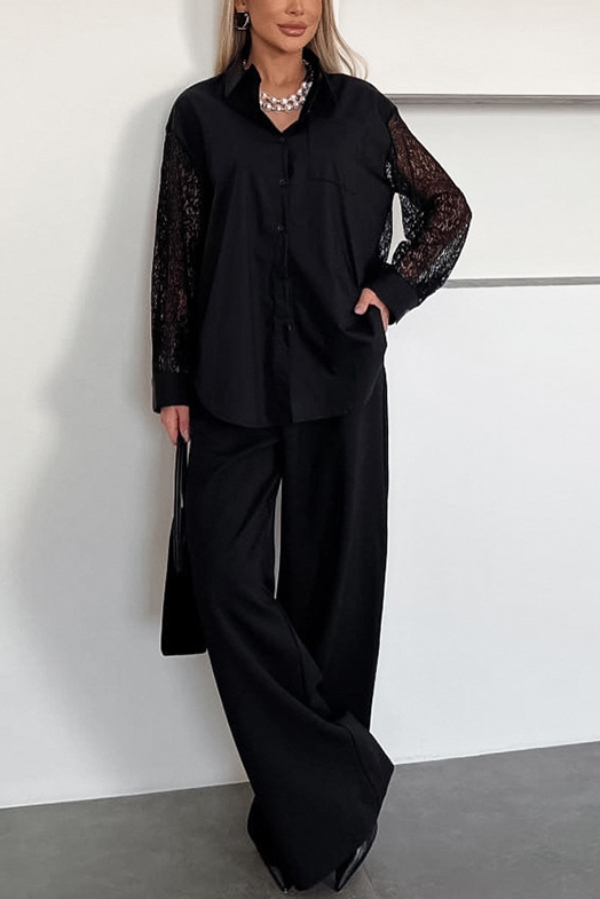 Fashionable Openwork Lace Patchwork Long-sleeved Loose Shirt