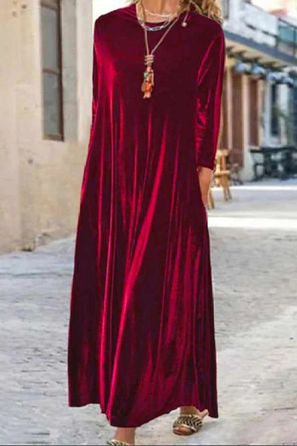Solid Color Velvet Loose Round Neck Long Sleeve Midi Dress-consonak
