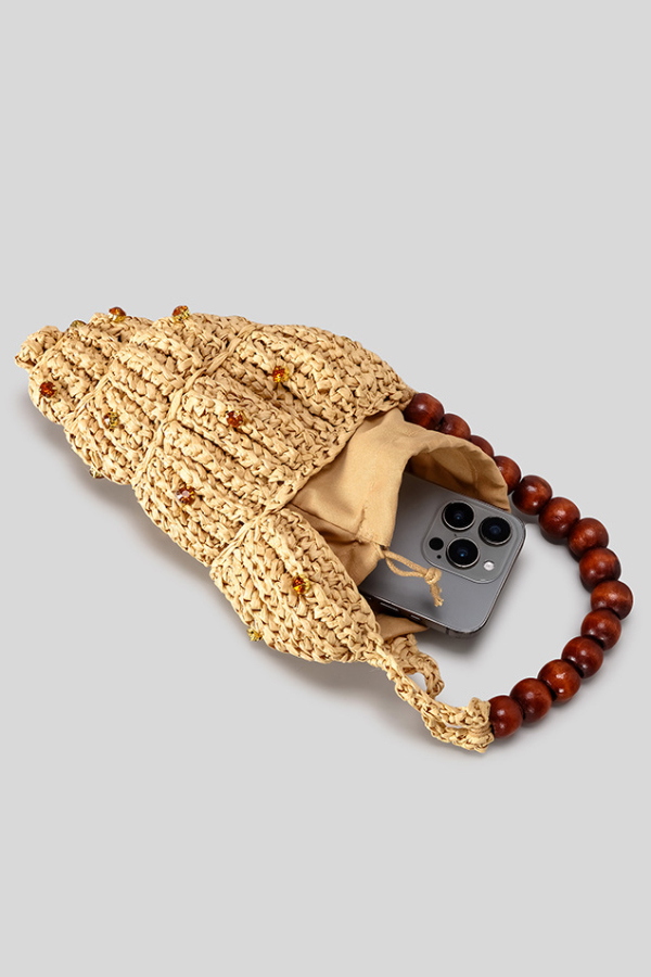 Seashell-shaped Wooden Beaded Zircon-embellished Straw Bag