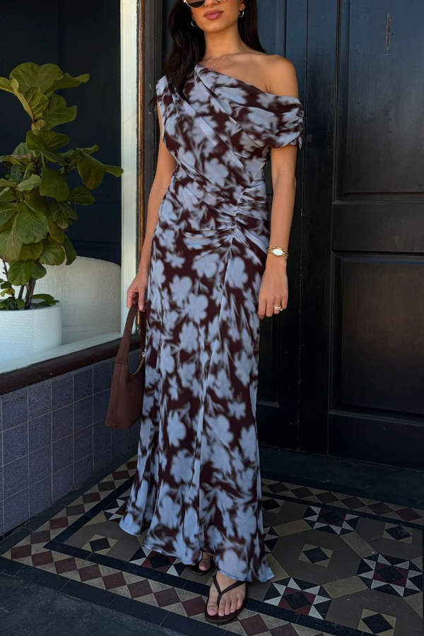 Unique Print Asymmetrical Off-Shoulder Pleated Waist Casual Maxi Dress