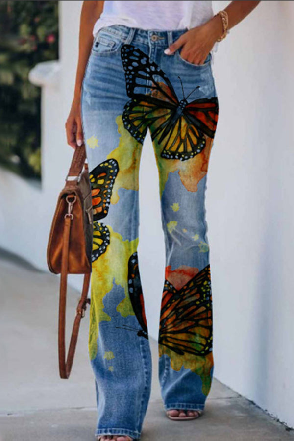 On A Drive Printed Faux Denim High Rise Flare Pants-consonak