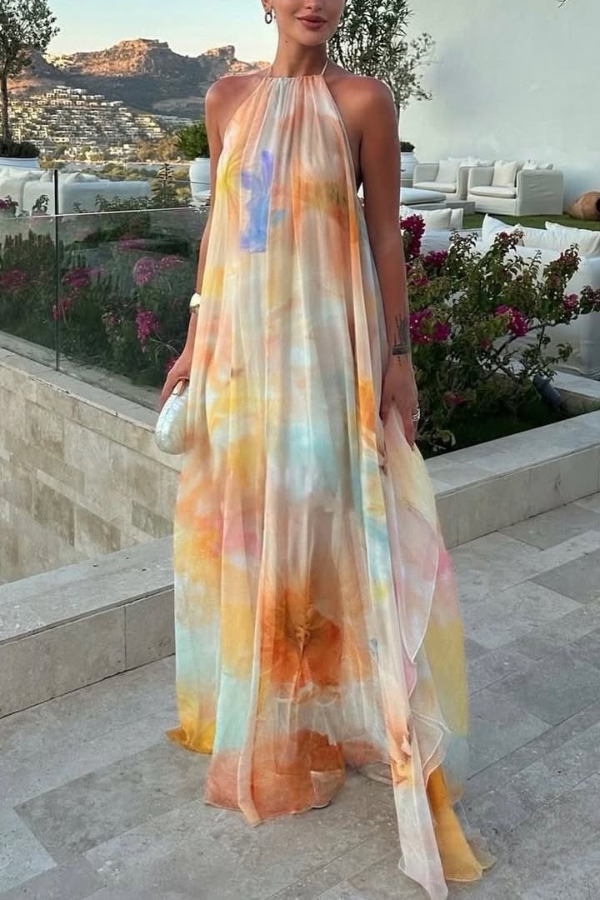 Fashionable Tie-dye Halter Neck Backless Loose Vacation Maxi Dress