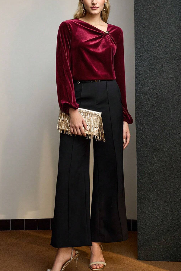 Fashionable Velvet Pleated Long-sleeved Knotted Casual Top-consonak