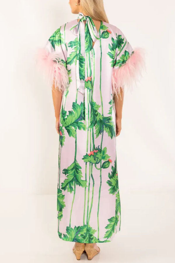 Darling Satin Botanical Print Tie-up Neck Half Sleeve Feather Trim Caftan Midi Dress | Consonak