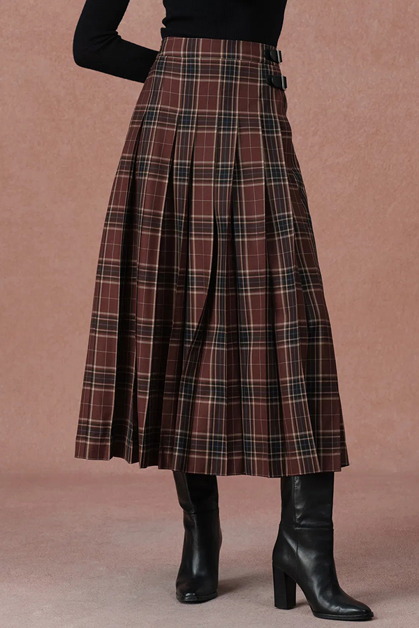 Yehudit Plaid Belt Buckle Design High Rise Pocket Midi Umbrella Skirt-consonak