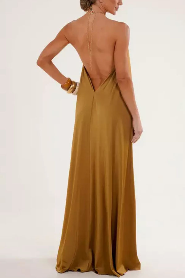 Ocean Goddess Metal Circular Chain Halter Backless Vacation A-line Maxi Dress | Consonak