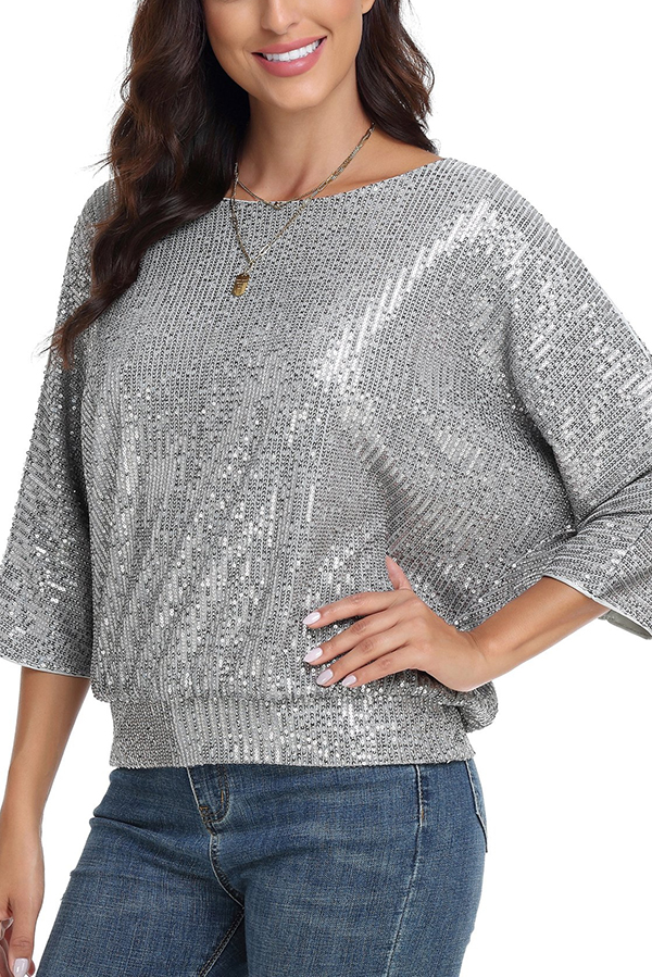 Solid Color Sequined Loose Round Neck Casual Top-consonak
