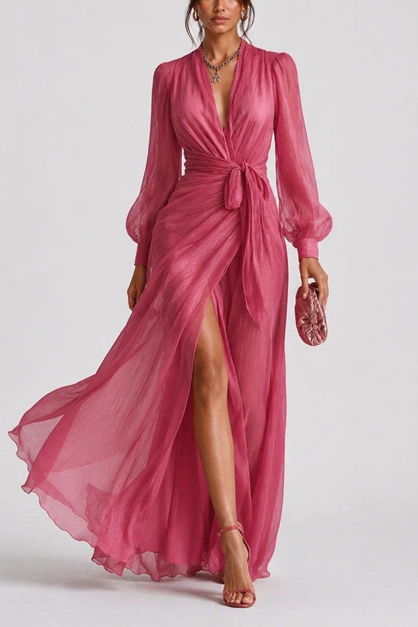 Sunset Elegance: Sheer Long Sleeve Wrap Dress in Hot Pink-Consonak