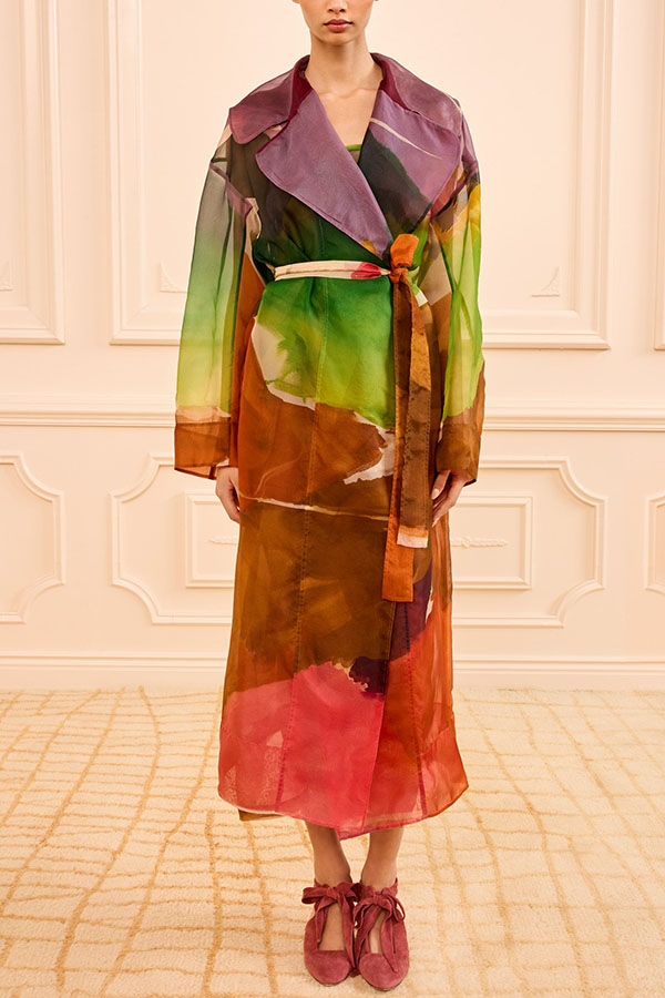Vibrantly Color Organza Printed Tie-Waist Pocket Lapel Mid-Length Trench Coat
