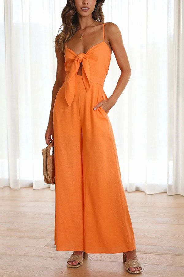 Vrinda Pocketed Adjustable Tie Smocked Back Jumpsuit-consonak