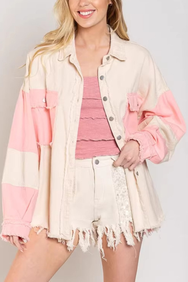 Stylish Color-blocked Lapel Long-sleeved Frayed Denim Jacket