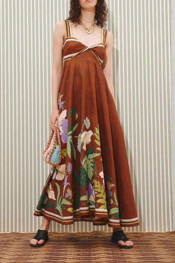 Brown Floral Linen Midi Dress | Consonak