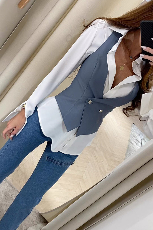 Stylish and Versatile Faux Leather Button Up V-neck Vest Top-consonak