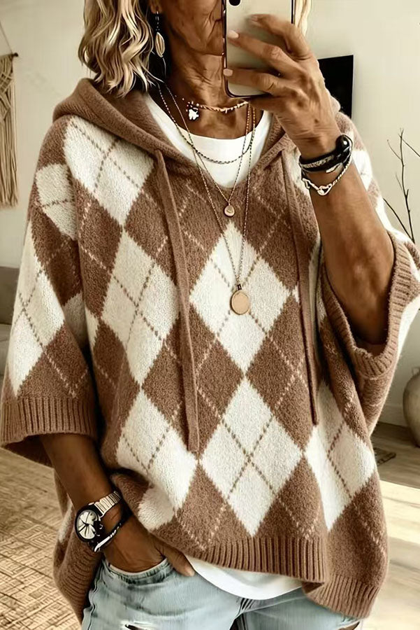 Comfortable and Casual Knit Color-blocked Plaid Print Half Sleeve Hoodie Sweater-Consonak
