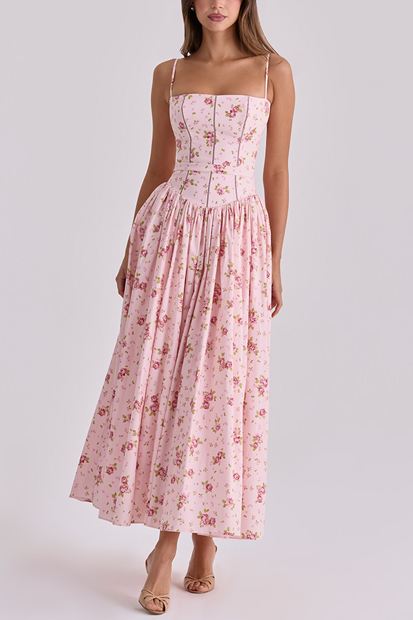 Romantic Countryside Stretch Cotton Blend Floral Print Cutout Trim Slip Midi Dress-consonak