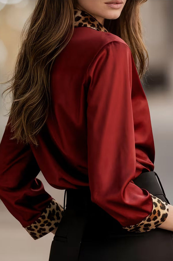 Satin Leopard Print Patchwork Casual Long-sleeved Shirt-consonak