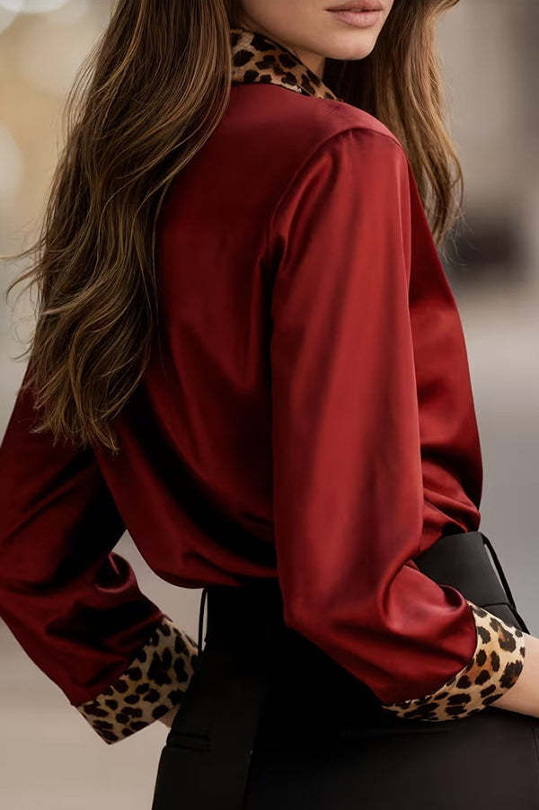 Satin Leopard Print Patchwork Casual Long-sleeved Shirt-consonak