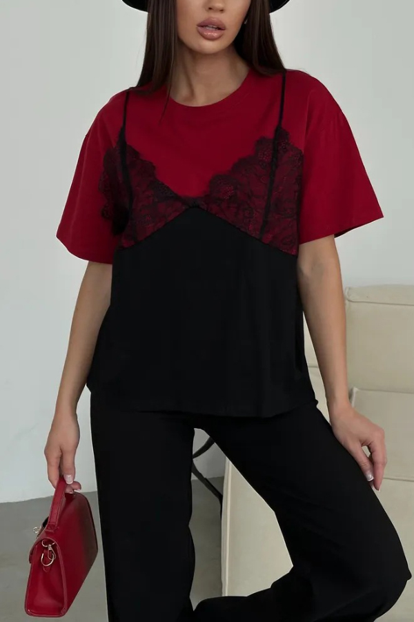 Fashionable Lace Patchwork Loose-fitting Round Neck Short-sleeved T-shirt