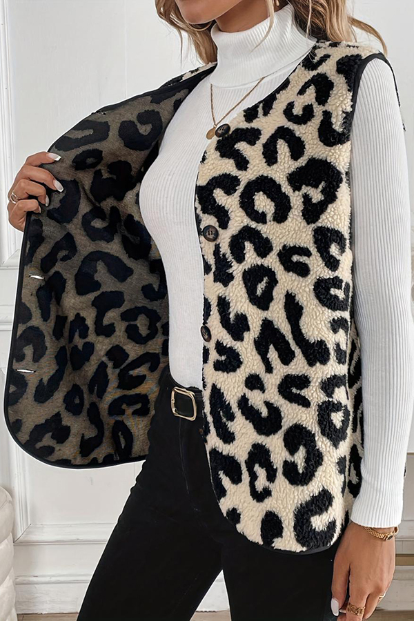 Leopard Print Sleeveless Button Plush Vest Jacket-consonak