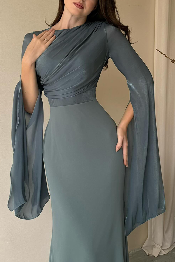 Liora Ruched Organza and Satin Patchwork Design Long Bell Slit Sleeve Maxi Dress-consonak