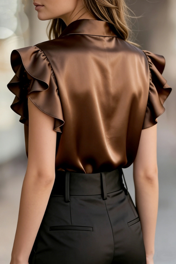 Solid Color Satin Collar Ruffle Short-sleeved Casual Shirt-consonak