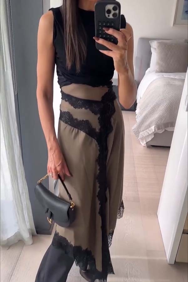 Verve Ribbed Jersey Cutout Waist Asymmetric Satin Lace Hem Maxi Dress-consonak