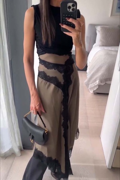 Verve Ribbed Jersey Cutout Waist Asymmetric Satin Lace Hem Maxi Dress-consonak