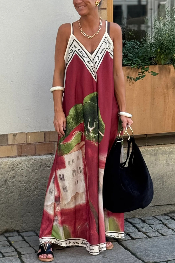 Unique Print Loose-fitting V-neck Casual Holiday Maxi Dress