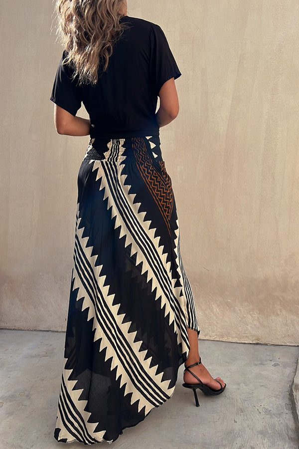 Eva Satin Geometric Print Elastic Waist Maxi Skirt-consonak