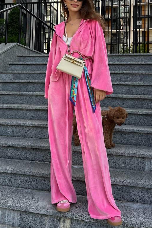 Velvet Casual Zip-up Hooded Top and Elastic Waist Wide Leg Pants Set-consonak