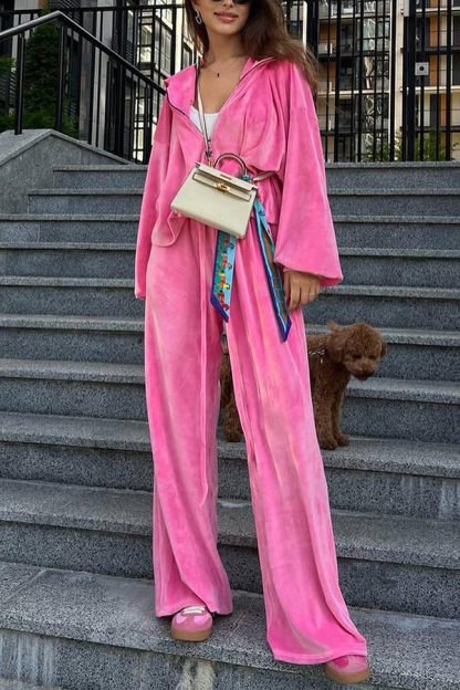 Velvet Casual Zip-up Hooded Top and Elastic Waist Wide Leg Pants Set-consonak