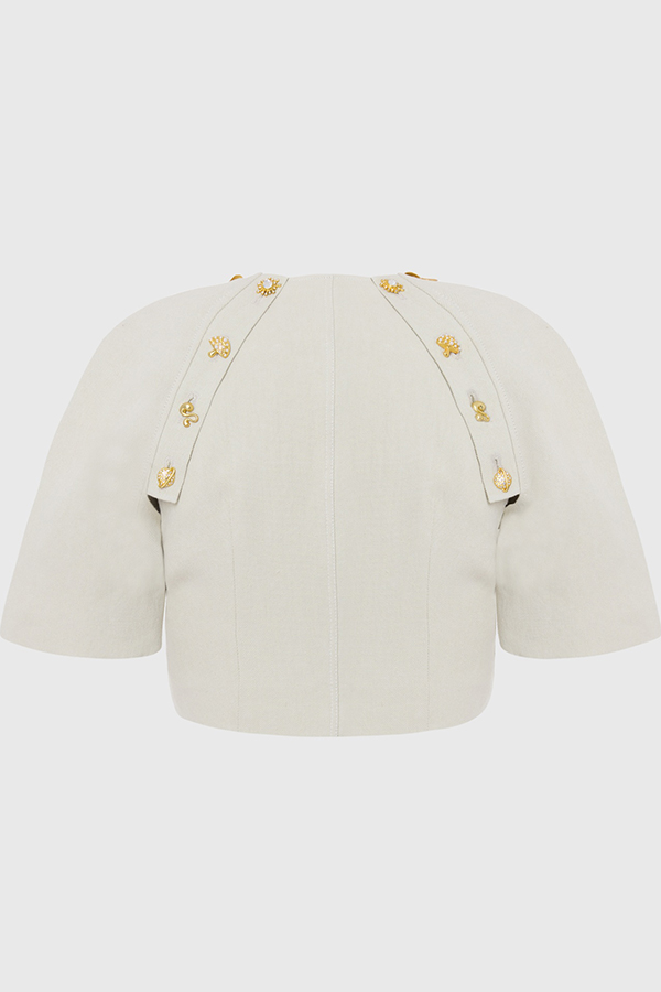 Custom Look Linen Blend Unique Metal Pattern Buttons Slit Half Sleeve Crop Jacket | Consonak