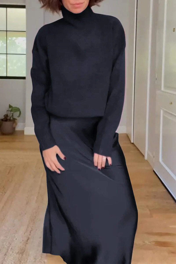 Jaelyn Solid Color Turtleneck Long Sleeve Sweater and Satin Elastic Waist Maxi Skirt Set-consonak