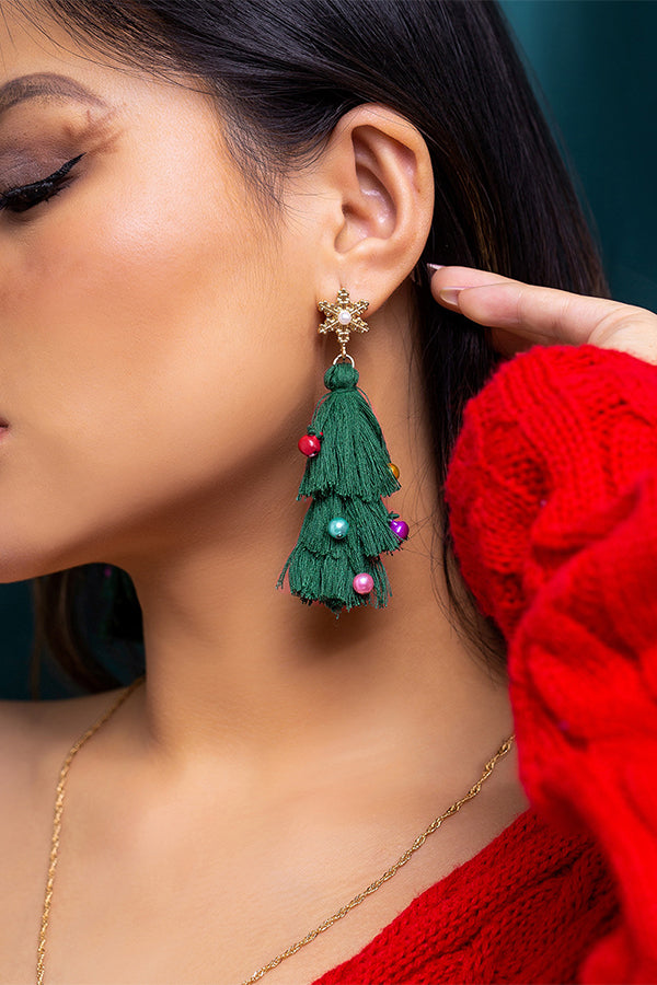 Bohemian Lightweight Christmas Tree Tassel Beaded Earrings-consonak