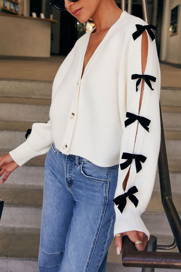 Fashionable V-neck Long-sleeved Bow-knotted Knitted Cardigan-consonak