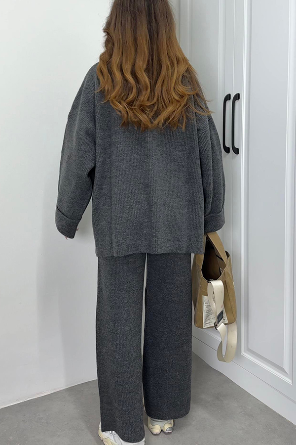 Solid Color Loose Long-sleeved Knit Top and Elastic Waist Casual Straight Leg Pants Set-consonak